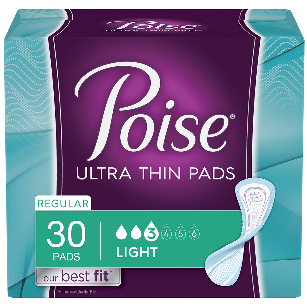 Poise feminine pads with light absorbency offer discreet daily protection.