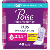 Poise pad packaging shows 48-count box for discreet protection throughout the day