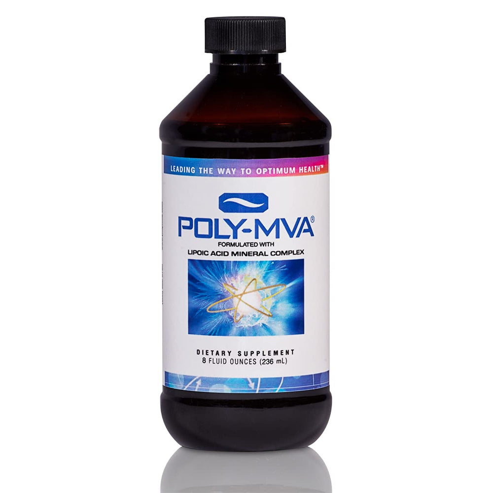 Poly-MVA bottle pour illustrating easy mixing for daily nutritional support.