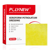 POLYNEW Xeroform 2x2 dressing shows petrolatum-infused gauze for wound care.