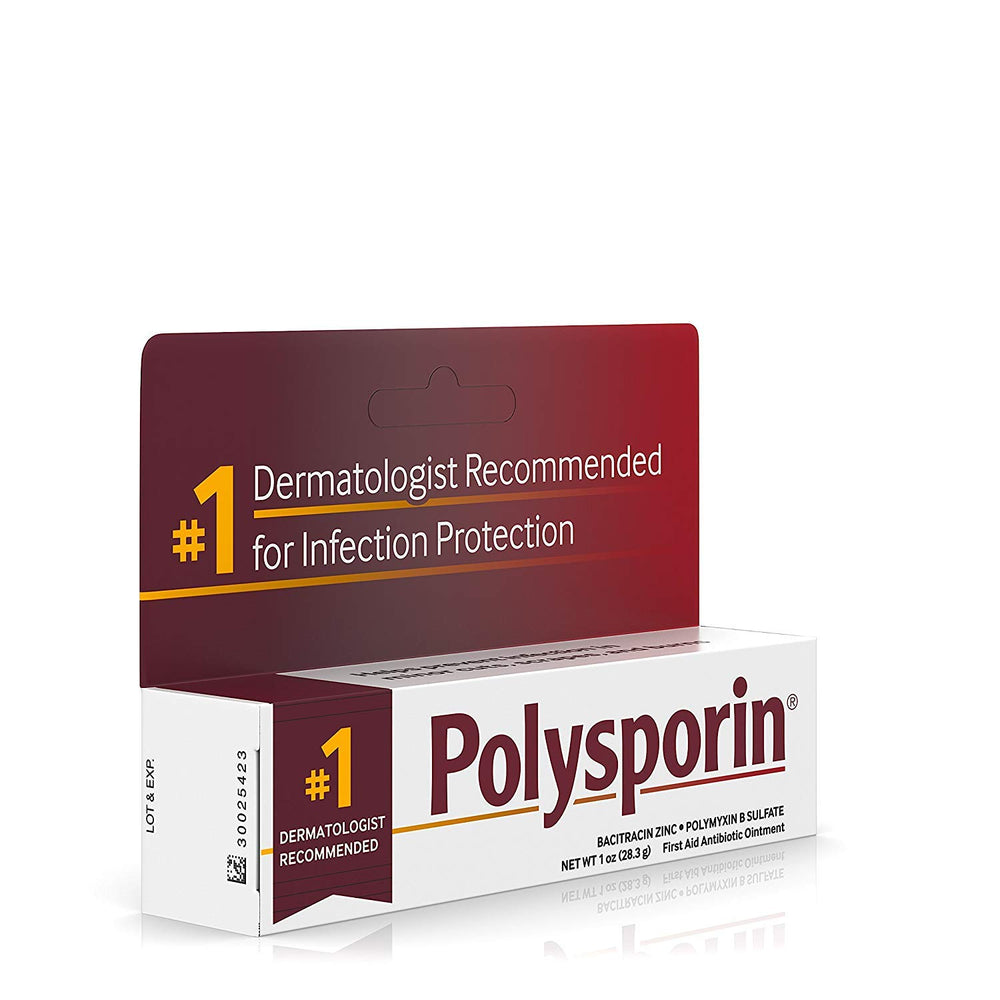 Polysporin first aid ointment travel size 1 oz tube for on-the-go protection.