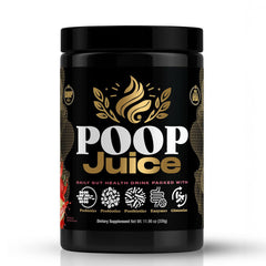 Poop Juice 5-in-1 bottle front shows convenient daily gut health powder.