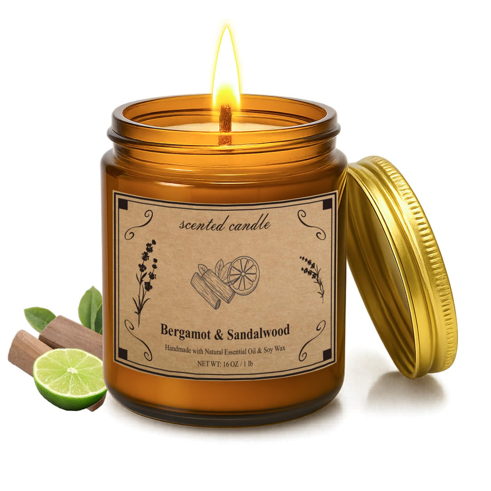 POOTES bergamot-sandalwood amber glass jar for calming home atmosphere.