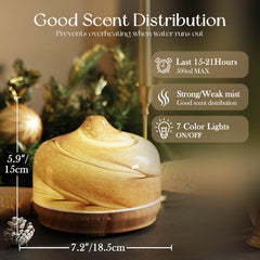 Porseme diffuser features a wood-grain base that complements home décor.