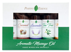 Positive Essence massage oil bottle pour closeup highlights smooth glide for massage