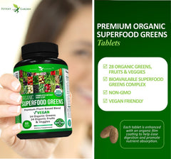 Potent Garden greens close-up shows spirulina kale broccoli spinach for nutrition