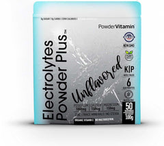 PowderVitamin Electrolytes Powder Plus bottle closeup highlighting high potassium for hydration.