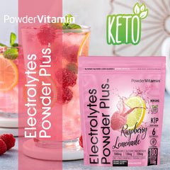 PowderVitamin Electrolytes Raspberry Lemonade being poured into a glass for zero calorie refreshment