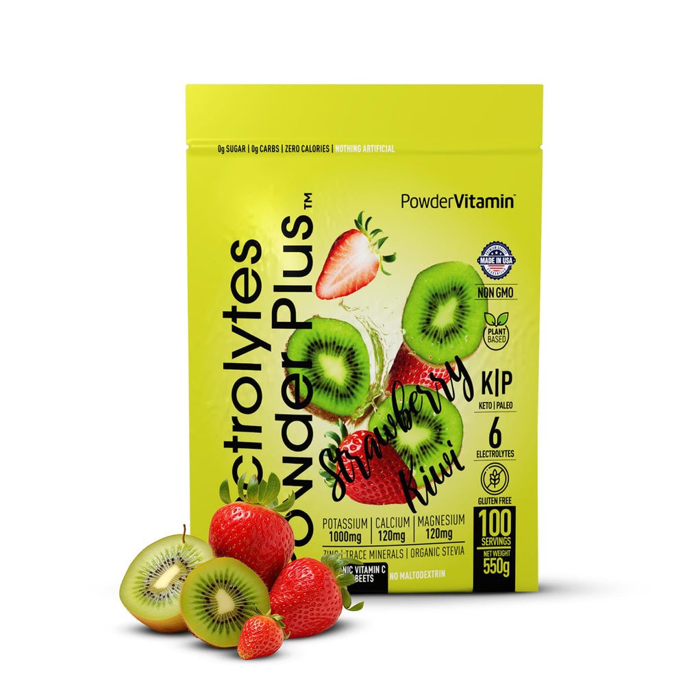 PowderVitamin Electrolytes Plus bottle pouring hydration for workouts