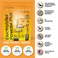 PowderVitamin Electrolytes Powder Plus label highlights zero calories and sugar-free formula.