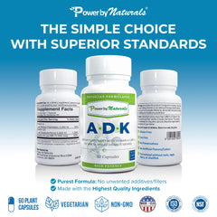 Power By Naturals ADK ingredients table emphasizes A, D3, and K2 synergy