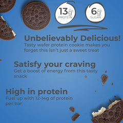 Power Crunch Cookies & Cream bar close-up, protein-rich treat ideal for on-the-go energy