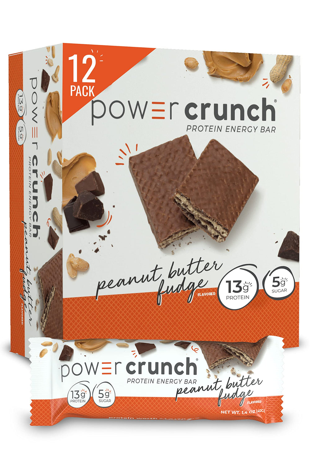 Power Crunch Peanut Butter Fudge bar front view with crisp wafers