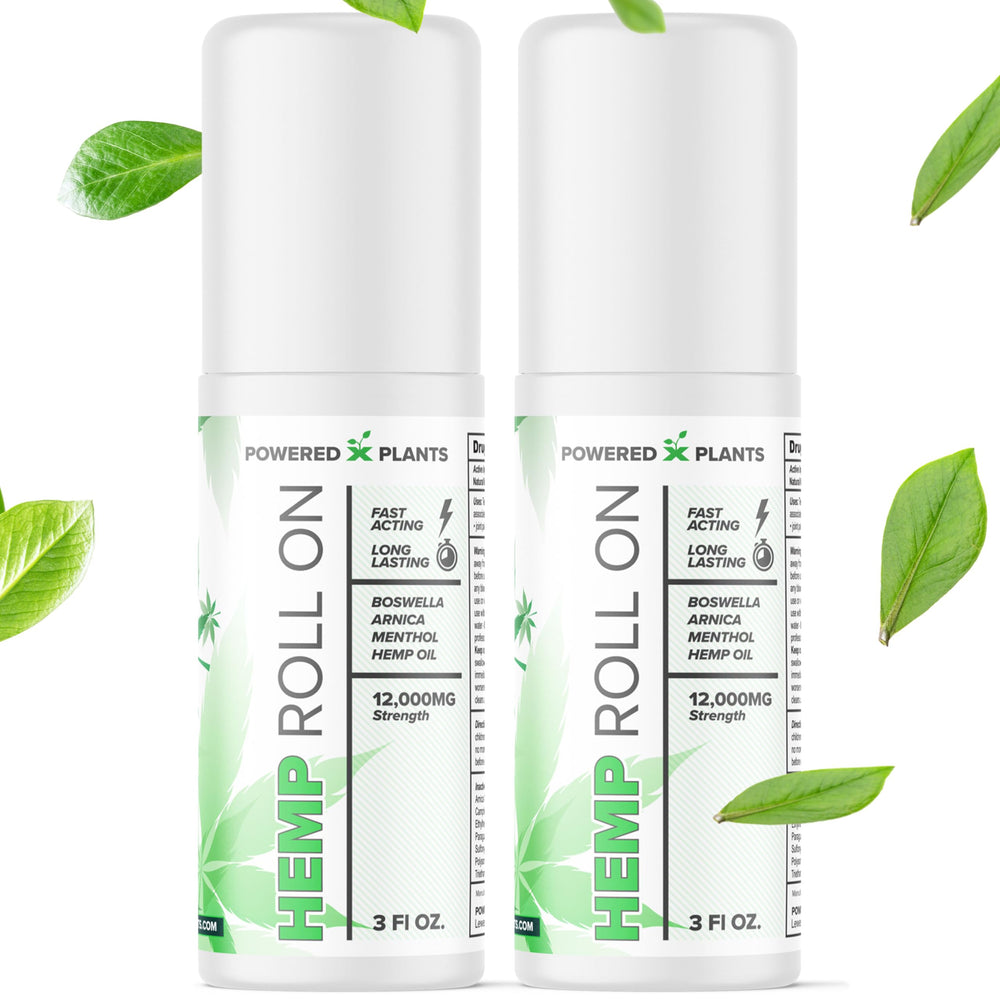 Powered X Plants hemp oil roll-on front view with two-pack for targeted muscle relief