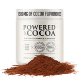 Powered X Plants High Flavanol Cocoa Powder bottle highlights rich flavor and antioxidant potential.