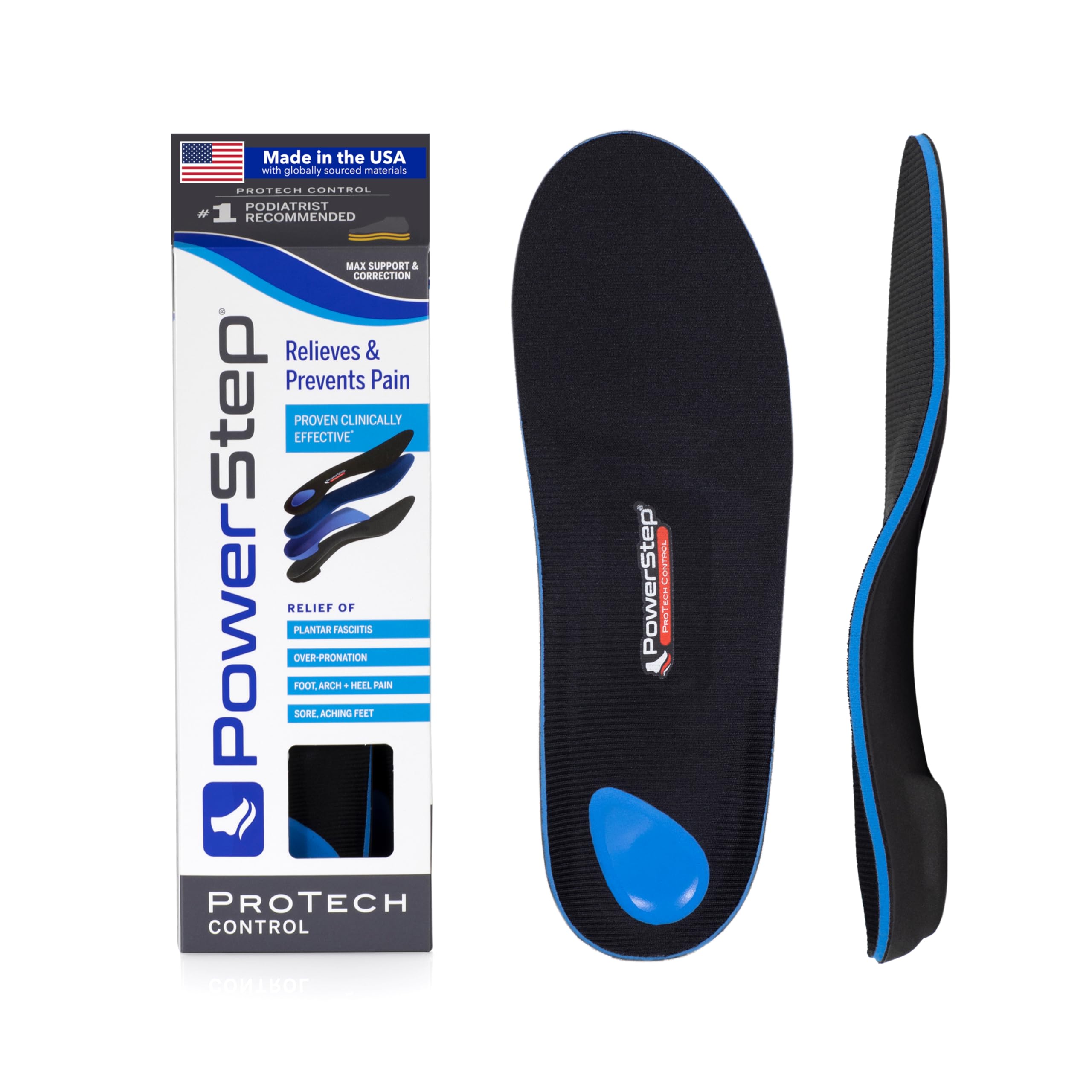 PowerStep ProTech Control orthotic insoles with angled heel post support arch stability and overpronation.