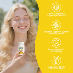PQR Candida Cleanse ingredients panel emphasizes oregano leaf and caprylic acid.