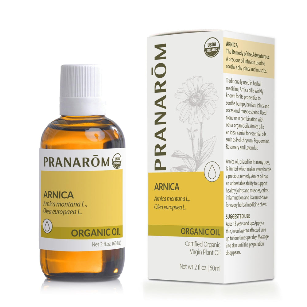 Pranarom Arnica Oil bottle showing pure, organic formula suitable for soothing massages