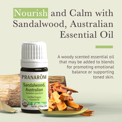Pranarom organic sandalwood label close-up highlighting purity and organic certification.