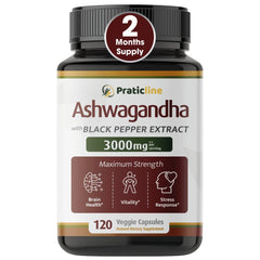 PRATIC LINE Ashwagandha capsules bottle showing premium organic formula for daily resilience