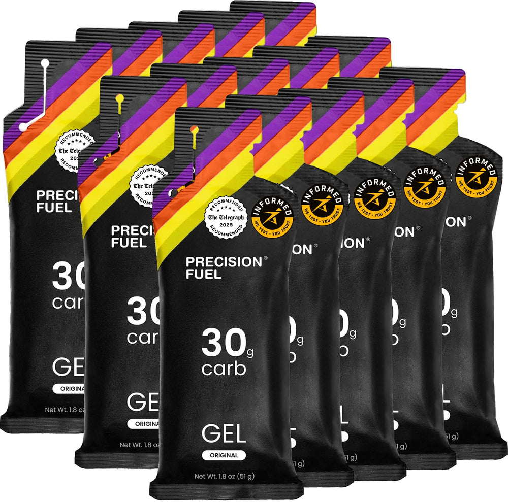 Precision Hydration PF30 energy gels on pack front for endurance runs