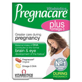 Pregnacare Plus bottle and pack showing daily multivitamins with omega-3 capsules for pregnancy support.