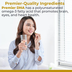 Premier DHA label on bottle communicates high quality vegan omega-3