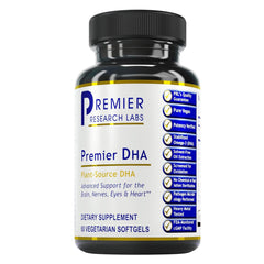 Premier DHA vegan softgels in bottle pour support daily brain and heart health