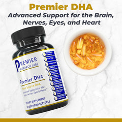 Premier DHA vegan softgels closeup highlights algae-based omega-3 source