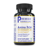 Premier Research Labs Amino HGH bottle label closeup, showcasing a premium amino acid blend for muscle support.