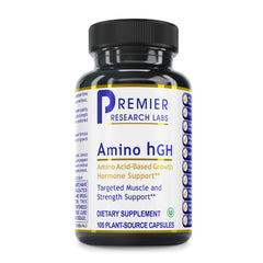 Premier Research Labs Amino HGH bottle label closeup, showcasing a premium amino acid blend for muscle support.