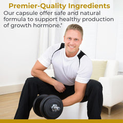 Premier Research Labs Amino HGH bottle on a workout bench, emphasizing post-exercise recovery potential.