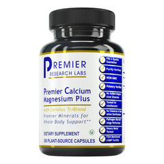 Premier Research Labs Calcium Magnesium Plus bottle cap close-up for balanced minerals
