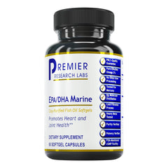 Premier Research Labs EPA DHA Marine Softgels bottle on shelf shows brand and product name