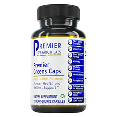 Premier Research Labs Greens Capsules bottle; easy daily wellness routine.