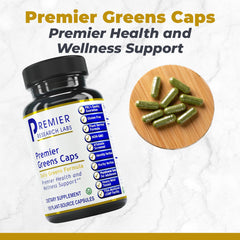 Premier Research Labs Greens Capsules pouring; quick daily intake supports vegetable nutrition.