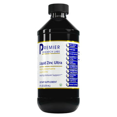 Premier Research Labs Liquid Zinc Ultra bottle poured into a glass for immune support.