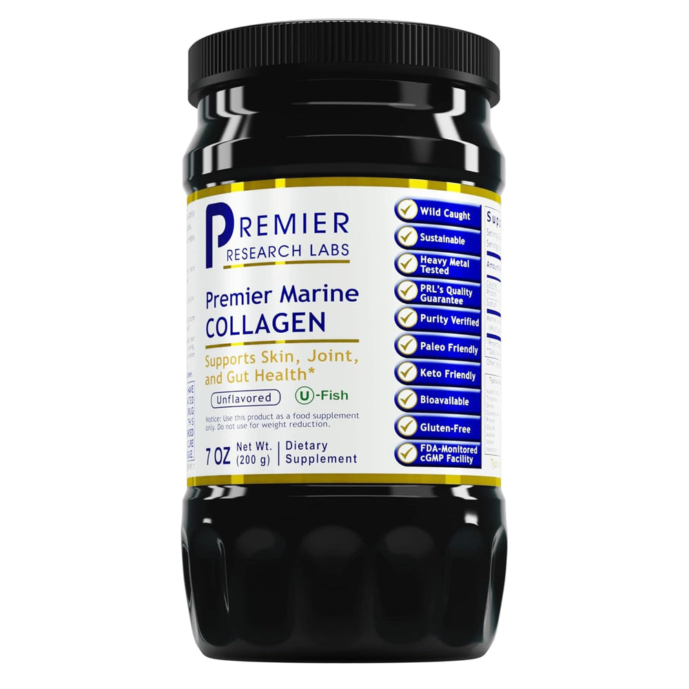 Premier Research Labs Marine Collagen bottle on shelf for daily skin and joint support.