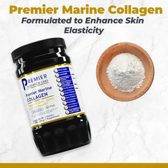Premier Research Labs Marine Collagen powder scoop for convenient daily intake.