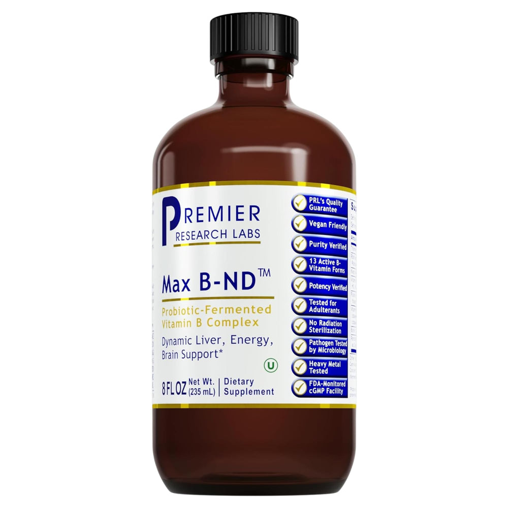 Premier Research Labs Max B-ND liquid B12 drops with dropper for daily energy support.