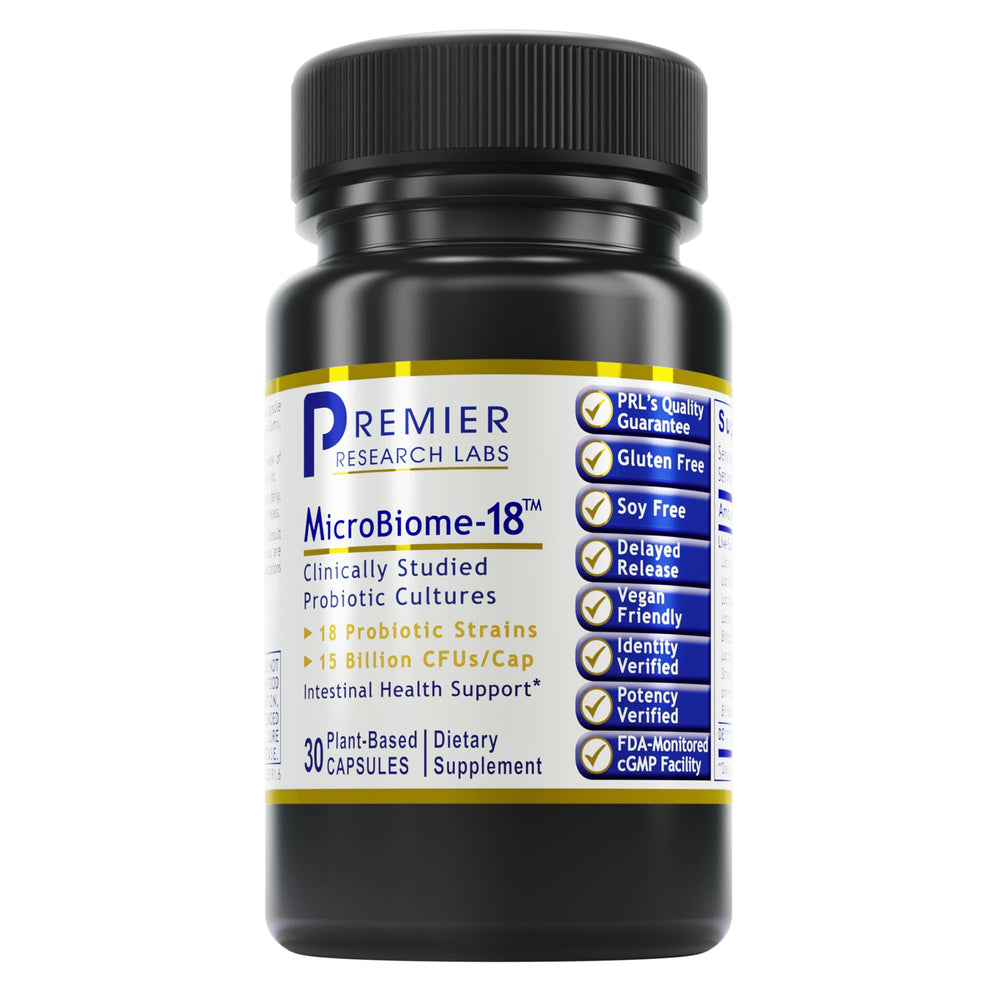 Premier Research Labs MicroBiome-18 bottle on shelf supports daily digestive wellness