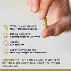Premier Research Labs MicroBiome-18 label detail showcases core probiotic ingredients