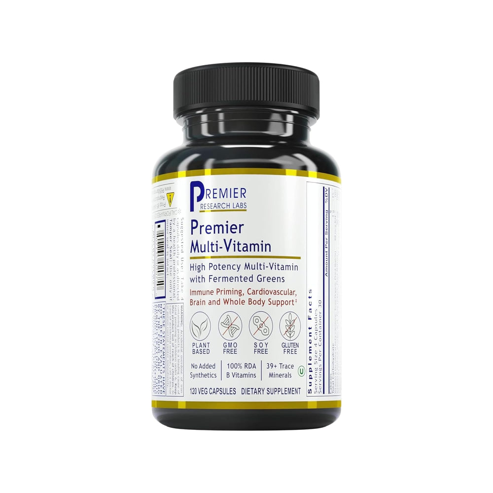Premier Research Labs multi-vitamin bottle closeup showing vegan capsules for daily immune support.
