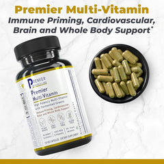 Premier Research Labs multi-vitamin bottle label highlighting gluten-free and soy-free vegan formula.
