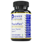 Premier Research Labs ThyroVen bottle close-up shows natural thyroid support ingredients.