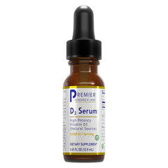 Premier Research Labs Vitamin D3 Serum bottle with drops for daily vitamin D support.