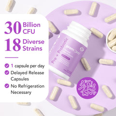 Premom 30B CFU dosage graphic emphasizing gut and immune balance