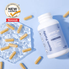 Premom Sperm Fortify capsules closeup showing two-daily-dose design for ongoing support