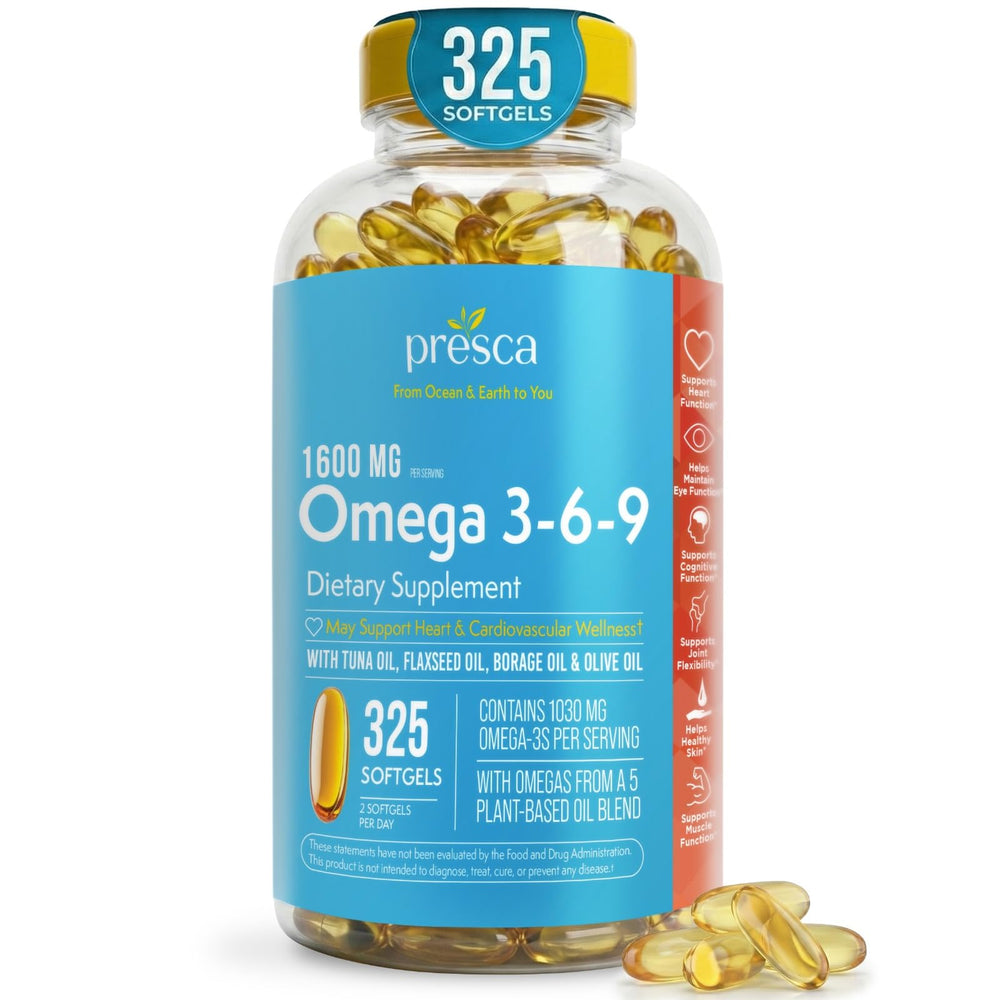 Presca Omega 3-6-9 bottle front for daily heart and eye support.