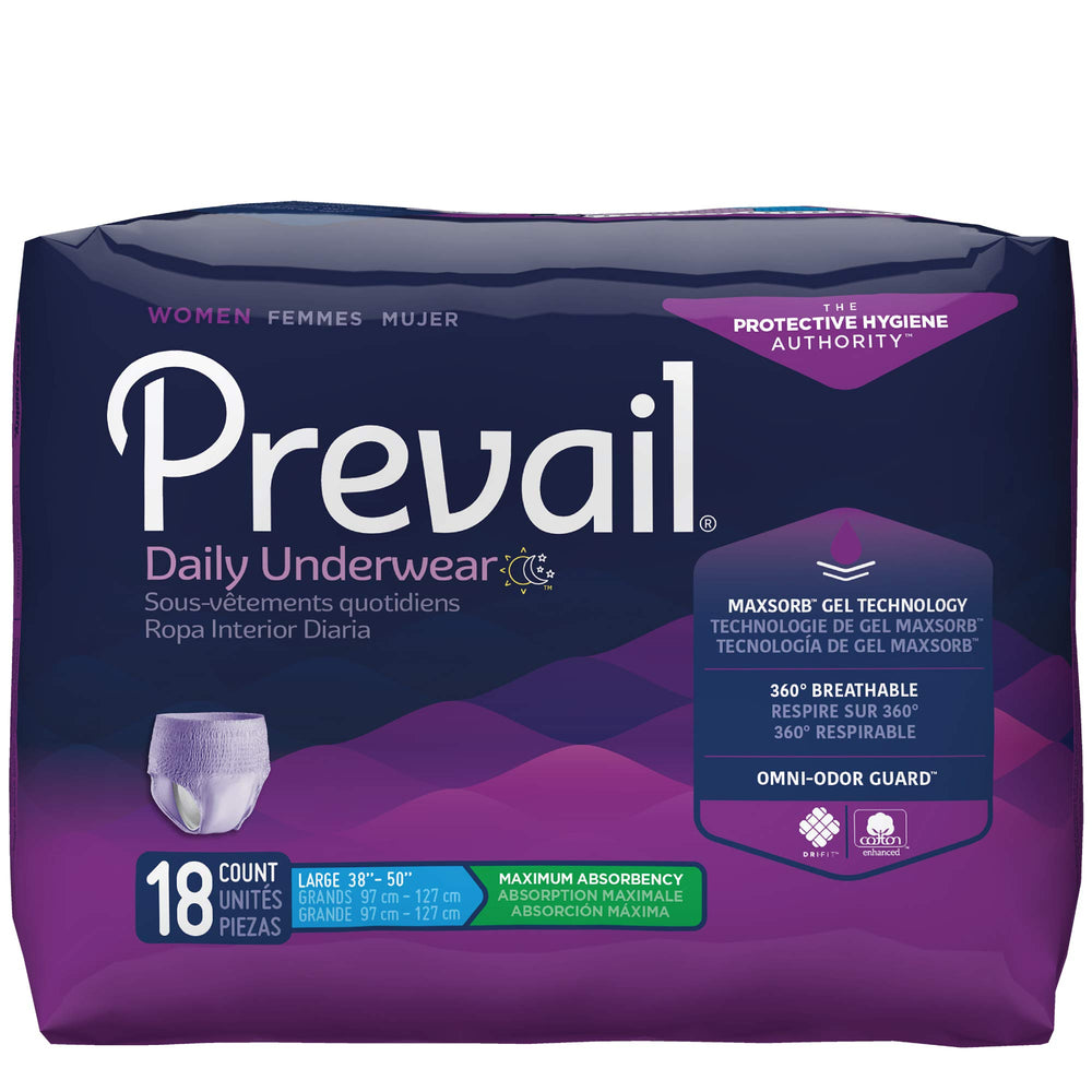 Prevail maximum absorbency underwear for women, large 18-count pack, discreet all-day wear